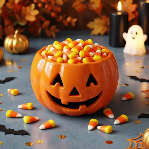 Delicious homemade Halloween candy corn in tri-colored layers ready for festive celebrations.