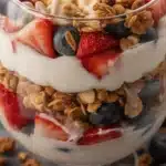 Greek Yogurt Parfait with layers of yogurt, berries, and granola for a nutritious breakfast.